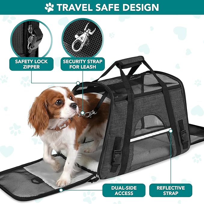 PetAmi Airline Approved Pet Carrier for Cats & Small Dogs, Soft Sided TSA Travel Carrier Bag with Sherpa Bed, Breathable Mesh Ventilation, Collapsible Bowl, Up to 18 lbs, Large Heather Dark Gray