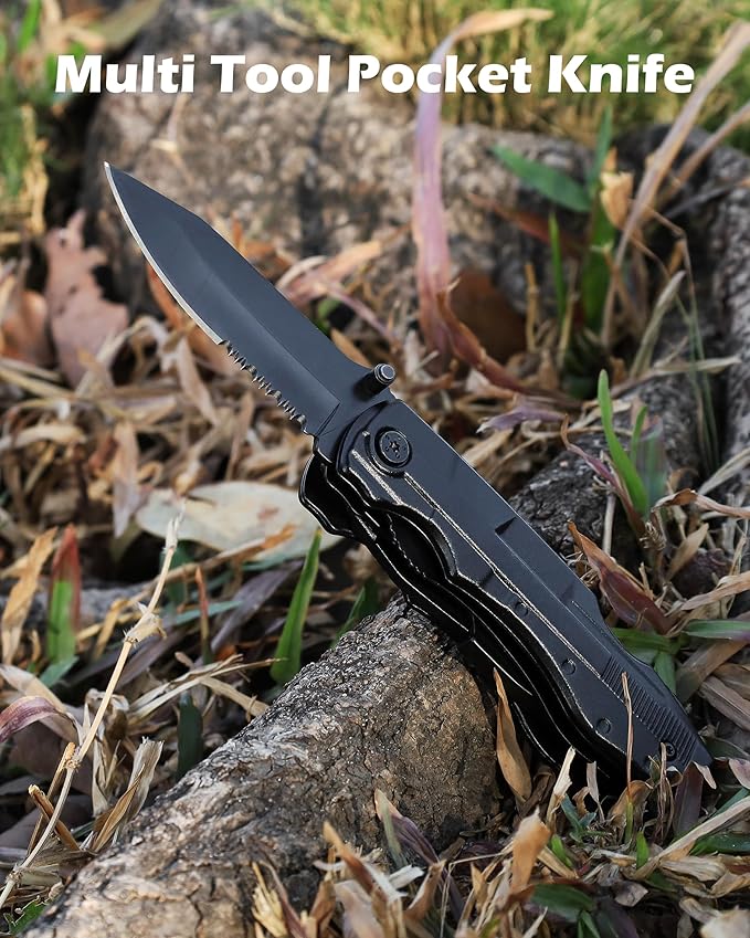 Rush Deer Pocket Knife - Folding EDC Multitool for Men, Small and Versatile Camping, Fishing, and Hiking Accessories Set (Matte Black)