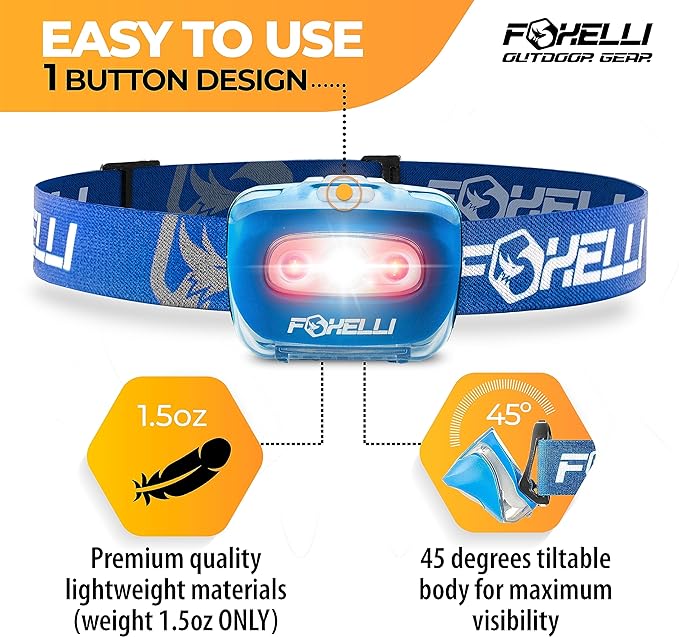 Foxelli LED Headlamp Flashlight for Adults & Kids, Running, Camping, Hiking Head Lamp with White & Red Light, Comfortable Headband, Lightweight & Waterproof, 3 AAA Batteries