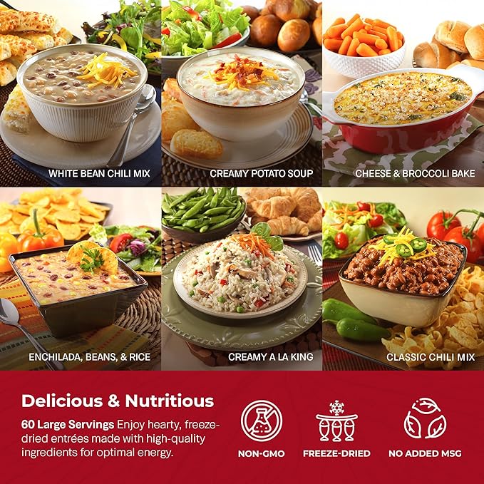 Legacy Food Storage Gluten Free 60 Serving Bucket, Emergency Food Supply, 22,760 Total Calories, 60 Large Servings, Shelf Stable Lunch & Dinner Entrees, Freeze Dried Survival Meals for MRE Camping, Hiking, & Backpacking
