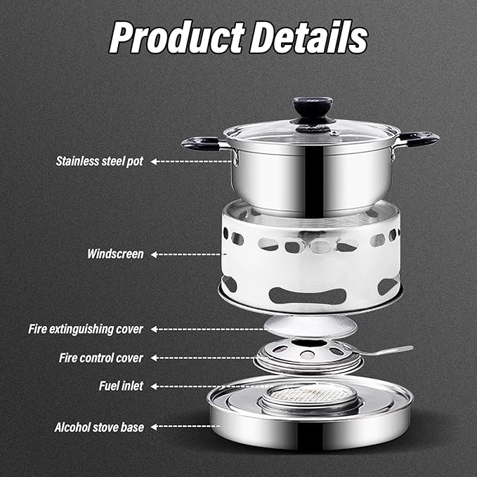 Camping Cookware Set, Portable Camping Stove With Pot Stainless Steel Alcohol Stove, No Electricity Required Adjustable Fire, for Camping Outdoor Kitchen Cooking Picnic for 1-4