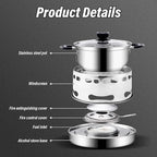 Camping Cookware Set, Portable Camping Stove With Pot Stainless Steel Alcohol Stove, No Electricity Required Adjustable Fire, for Camping Outdoor Kitchen Cooking Picnic for 1-4