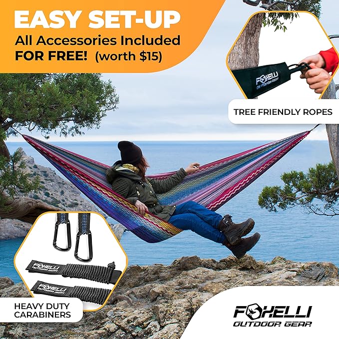 Foxelli Camping Hammock - Lightweight Portable Hammock, Easy Setup with Tree-Friendly Ropes & Steel Carabiners, Heavy Duty Parachute Nylon for Indoors and Outdoors
