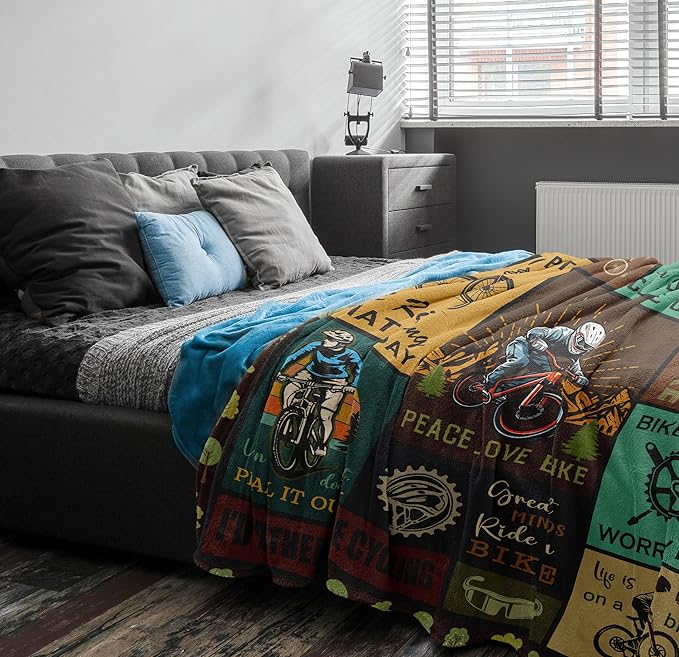 Bicycle Enthusiast Gift, Mountain Biking Blanket Throw 60"x50" for Men/Riders/Cyclists, Bike Themed Decorations