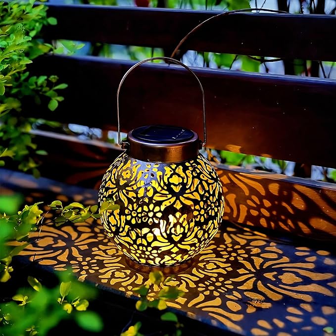 Outdoor Solar Hanging Lantern Lights Metal LED Decorative Lamp for Garden Patio Courtyard Lawn and Table with Hollowed-Out Design (Bronze)