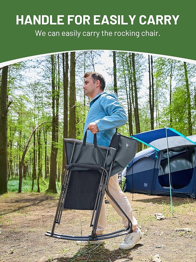 TIMBER RIDGE Folding Oversized Rocking Camping Chair, 400lbs Capacity Portable Outdoor Rocker with Hard Armrests, Cup Holder & Side Pocket, Quick-Fold Design for Outdoor, Patio, Lawn, Gray