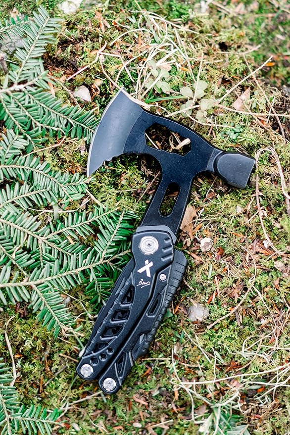 Axe Multitool Hammer - With Knife, Bottle Opener, Hatchet, Nylon Sheath, Saw, Screwdriver, Whistle - Tactical For Camping, Survival, Hiking, Portable and Lightweight - Black
