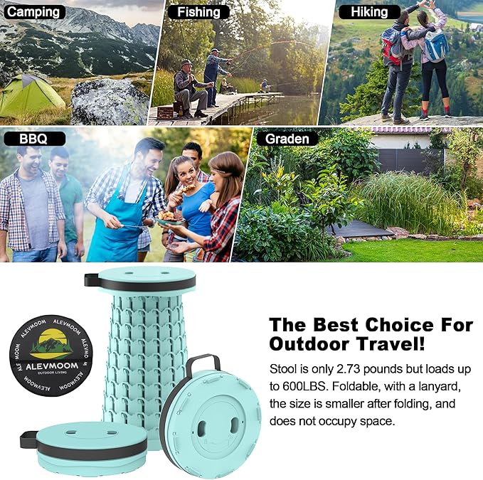 ALEVMOOM Upgraded Portable Collapsible Stool with Cushion, Telescoping Folding Stool for Adults, Lightweight Yet More Sturdy Capacity 600 lbs for Camping Fishing Hiking BBQ