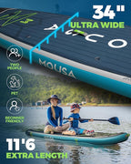 MOUSA 11'6“x35 Extra Wide Inflatable Stand Up Paddle Board, Stable Long SUP for 2 People/Family, Shoulder Strap, 3/5 Handles, 100L Backpack, All-Round Sup Board, Removeable Fin