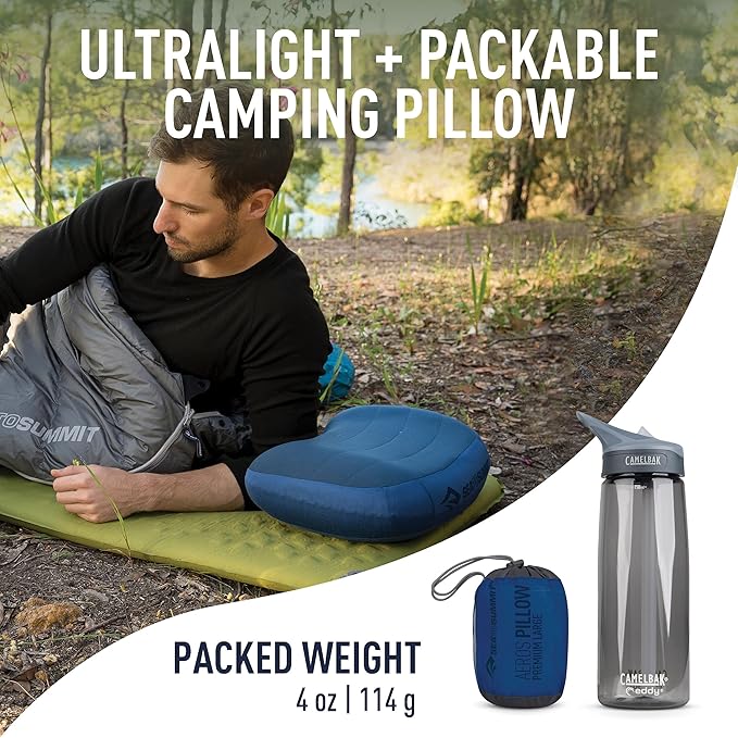 Sea to Summit Aeros Premium Inflatable Travel Pillow, Large (16.5 x 11), Navy Blue