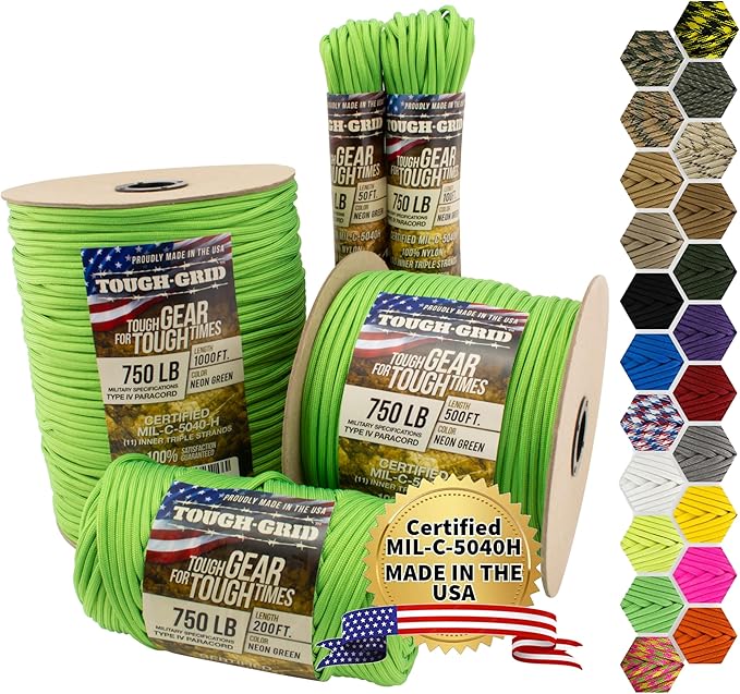 TOUGH-GRID Paracord Rope 750 lbs Nylon Parachute Cord, Made in USA Survival Kit, Outdoor Adventures, Camping, Tactical Gear & Emergency Supplies, Military Type IV Mil-Spec