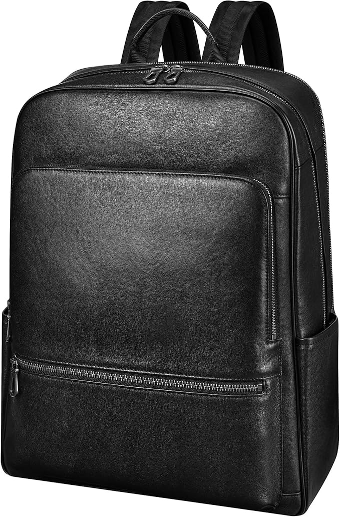 Large Black Leather Backpack for Men, 17.3 Inch Genuine Leather Laptop Backpack for Men, Minimalist Luxury Executive Computer Backpack for Travel Work