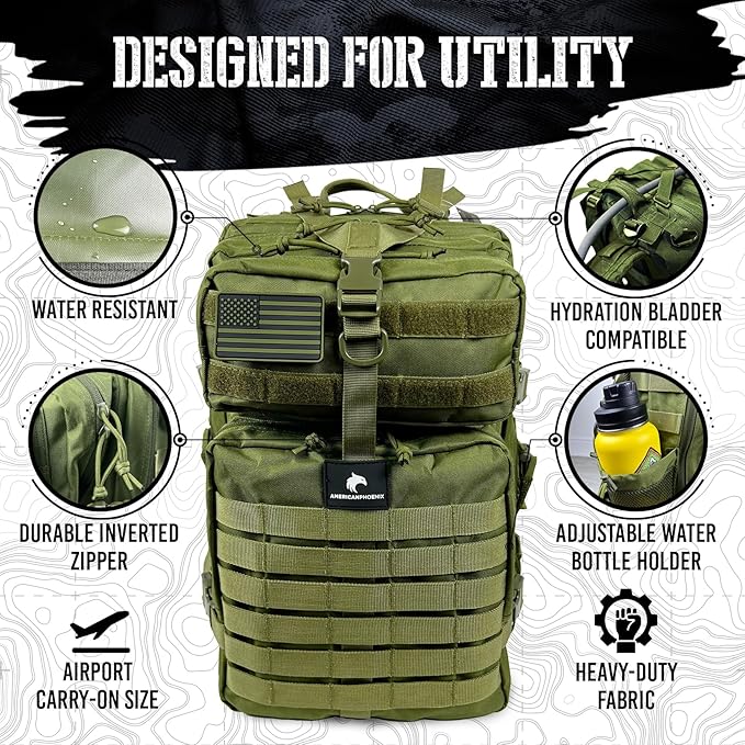 AMERICANPHOENIX 45L Elite Tactical Backpack | 3X Stronger Work & Military Backpack | Water Resistant and Heavy Duty | 3 Day MOLLE Bug Out Bag (Olive Green)