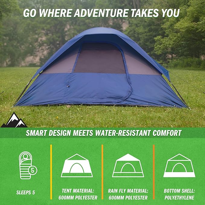 Person Camping Tent - Water-Resistant Family Tent for Camping with Removable Rain Fly, Storage Pocket, and Carrying Bag by Wakeman Outdoors