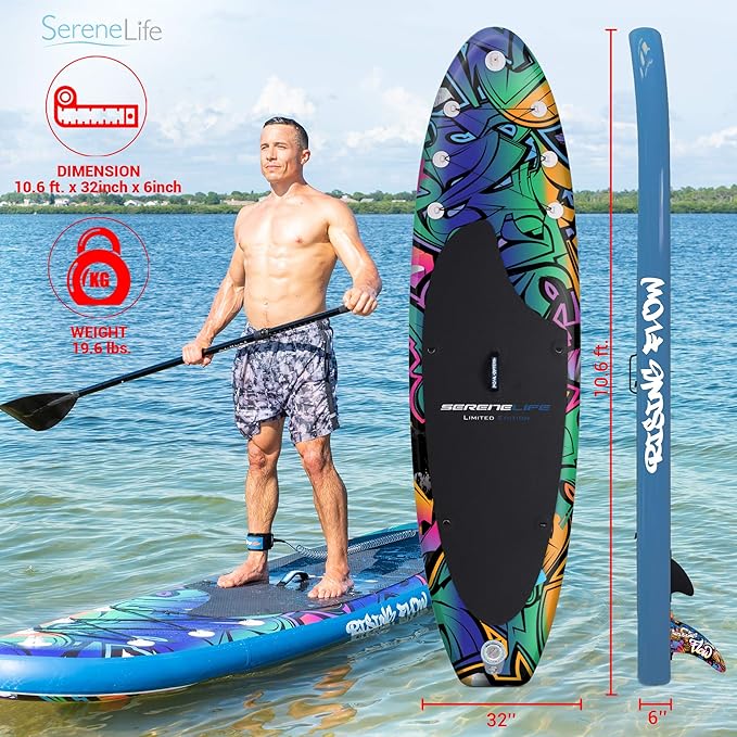 SereneLife Inflatable Stand Up Paddle Board with Premium SUP Accessories – Wide Stable Design with Non-Slip EVA Deck Pad for Adults and Youth of All Skill Levels, 350 lbs Capacity