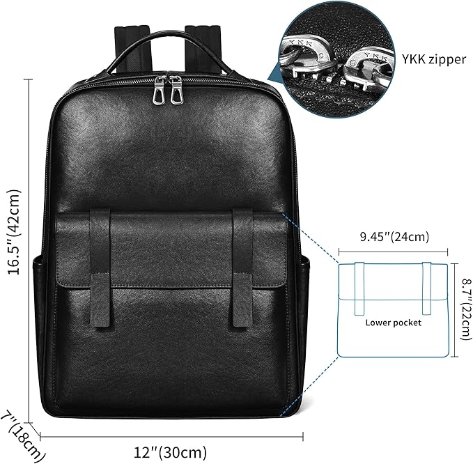 Men's Black Leather Backpack, Durable Genuine Leather Laptop Backpack for Work Travel, Business 15.6" Computer Backpack, Stylish Professional Designer
