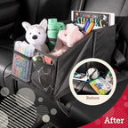 Lusso Gear Car Seat Organizer - Built-In Car Cup Holders & Mesh Pockets - Foldable Back Seat Organizer with Handles - Kids Road Trip Essentials - 9 Compartments, Black Oxford