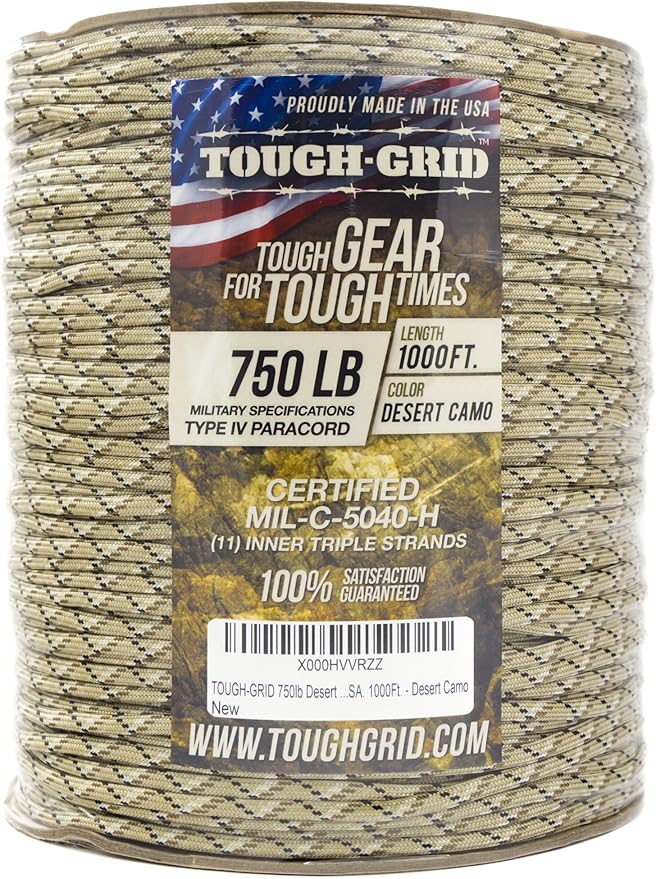 TOUGH-GRID Paracord Rope 750 lbs Nylon Parachute Cord, Made in USA Survival Kit, Outdoor Adventures, Camping, Tactical Gear & Emergency Supplies, Military Type IV Mil-Spec