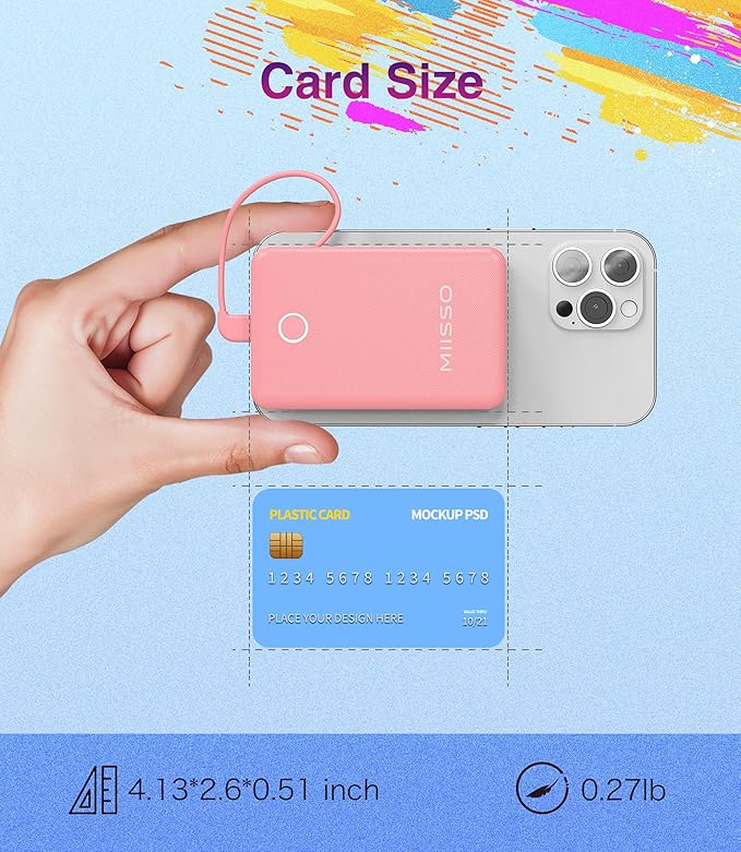 6000mah Ultra Slim Built in Cables Power Bank, Card Size Built in USB C Cords Battery Pack Portable Charger for Phones, 3 Output External Battery Pack Compatible with iPhone, Samsung, Light Pink