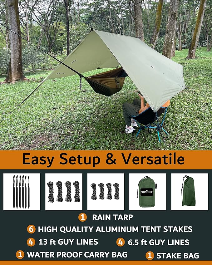 Sunyear Hammock Rain Fly Waterproof - Premium Hammock Tarp with Doors to Stay Warm and Dry in All Seasons | Portable and Lightweight Camp Rain Fly with All Installations Included | 11 Ft / 2lbs