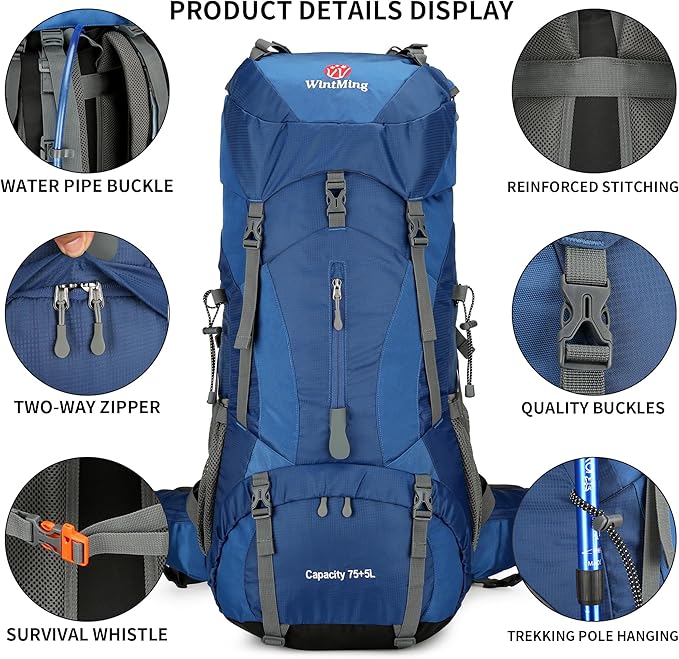 WintMing 75L Hiking Backpack with Rain Cover Waterproof Camping Backpack Shoes Warehouse for Men Women