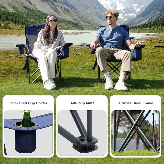 2 Pack Oversized Folding Camping Chair, Heavy Duty Support 500LBS Outdoor Chair with Cup Holder Storage and Cooler Pouch, Collapsible Padded Arm Chair for Sports Garden Beach Fishing, Blue