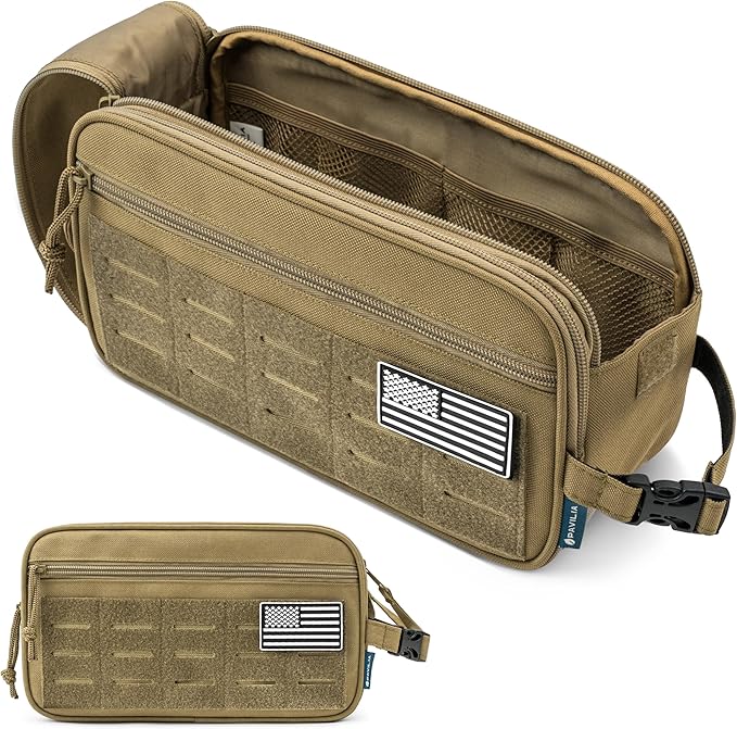 PAVILIA Extra Large Tactical Toiletry Bag for Men, Travel Hygiene Bag, Military Gear Dopp Kit, Molle Accessories Pouch, Shaving Grooming Essentials Gym Bathroom Shower Toiletries Tool EDC, Tan XL