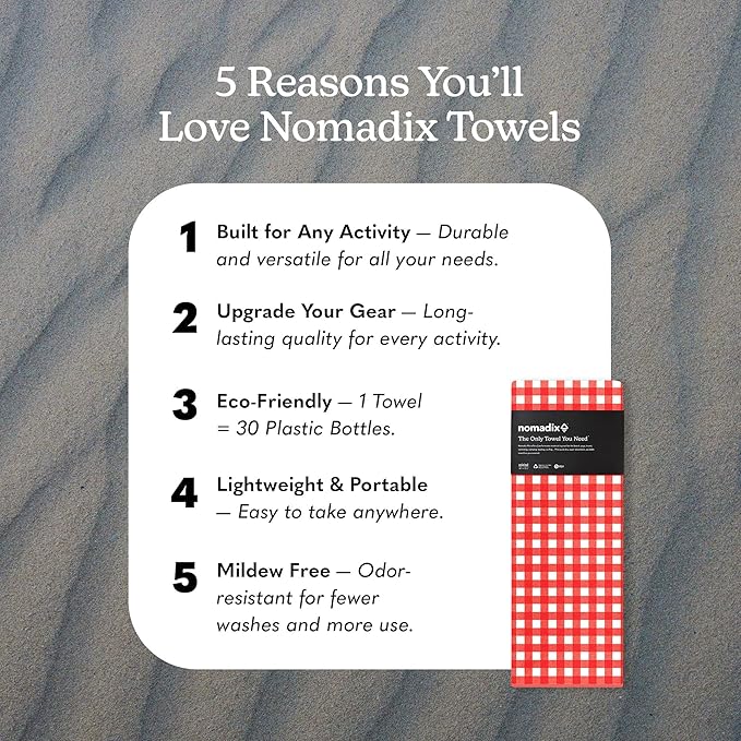Nomadix Original Towel - Perfect for Beach, Pool, Travel, Camping, Yoga - Made with Recycled Materials - Super Absorbent - Sand Resistant - Gingham Red - 72.5x30