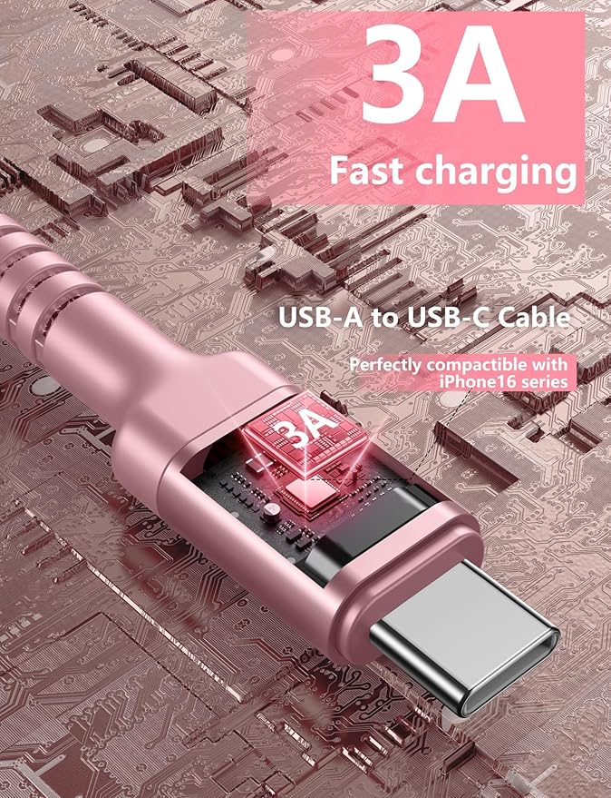 USB A to USB C Cable Fast Charging 3FT, 2Pack USB to USB C Charger Cord, Upgraded Extra Durable Braided USBC Cable Compatible with iPhone 17 16 15 Pro Max,Samsung Galaxy S10 S9 Plus and More -Pink