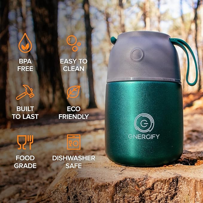 ENERGIFY Vacuum Insulated Food Jar. Large 17oz Bowl incl. Folding Spoon, Cup. Wide Mouth Keep Hot & Cold Drinks Soup Lunch Container for Adults. BPA-Free Stainless Steel, Proof Brilliant Green
