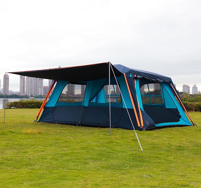 KTT Extra Large Tent 12 Person,Awning Family Cabin Tents,2 Rooms,3 Doors and 3 Windows with Mesh,Straight Wall,Waterproof,Double Layer,Big Tent for Outdoor,Picnic,Camping,Family Gathering