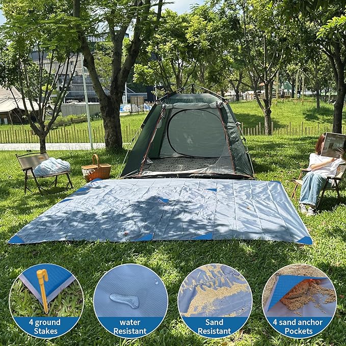 Pocket Beach Blanket Small Foldable Picnic Mat Portable Lightweight Camping Tarp Tent Blankets Washable Rug Quick Dry Compact Beach Mats Hiking Outdoor Essentials (Gray/Blue 55"*59" / 4.59ft×4.92ft)