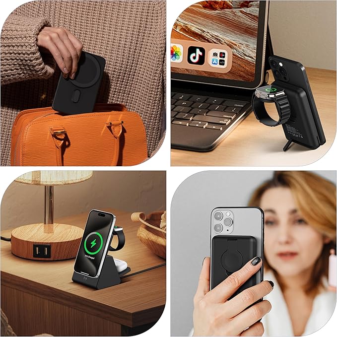 3-in-1 Wireless Charging Station: Portable 5000mAh Power Bank Charger Compatible for Phone Air/17/16/15/14/13/12 Series and Watch - Detachable Magnetic Charging Stand Black