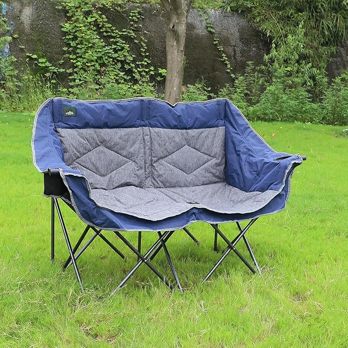 Northroad Folding Loveseat Camping Chair Portable Double Duo Full Padded Garden Chair for 2 Person Sofa w/2 Cup Holder,Wine Glass Holder,Support 600lbs for Picnic Beach Travel (Blue)