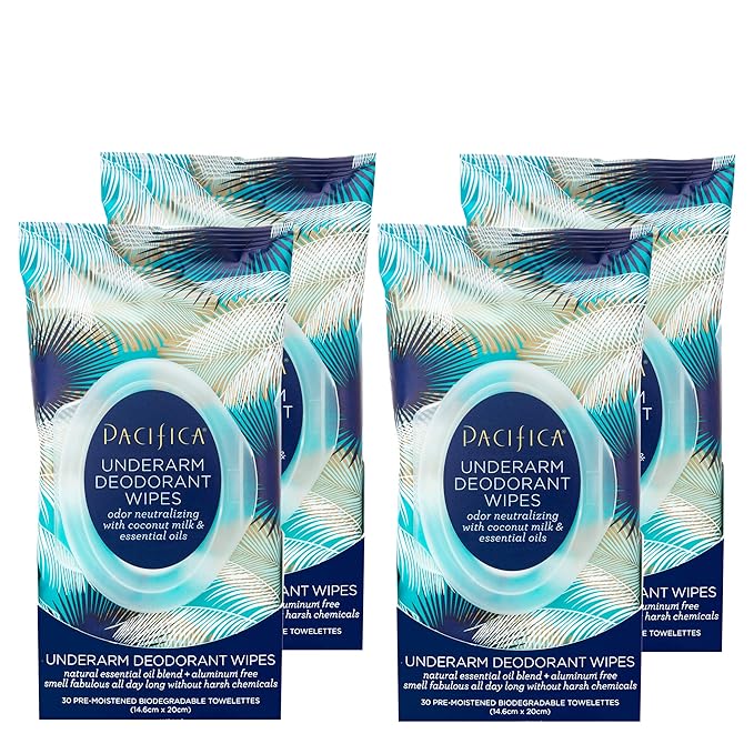 Pacifica Beauty Coconut Milk & Essential Oils Underarm Deodorant Wipes, Helps Remove Odor, Aluminum-Free, Vegan & Cruelty-Free, 30 Wipes (4-Pack)