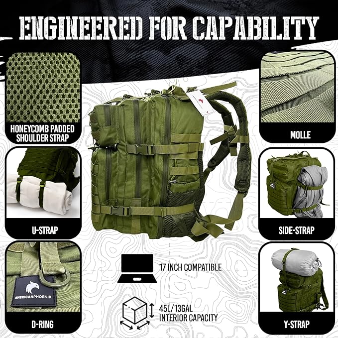 AMERICANPHOENIX 45L Elite Tactical Backpack | 3X Stronger Work & Military Backpack | Water Resistant and Heavy Duty | 3 Day MOLLE Bug Out Bag (Olive Green)
