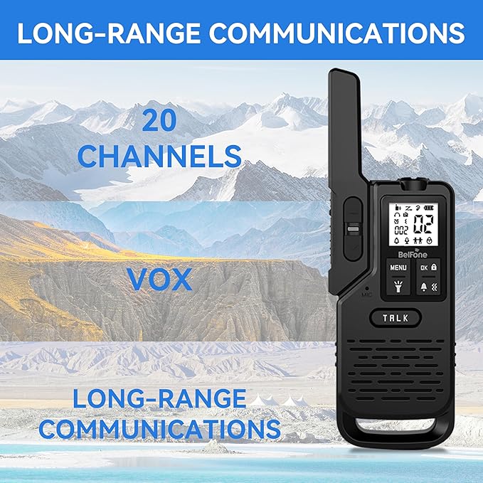 Two BelFone Long Range Walkie Talkies-20 Channels Professional Two Way Radio,IP54 Waterproof Walkie Talkies for Adults,with Flashlight, Stopwatch,Compass,Radio and SOS Sire,Support VOX Function