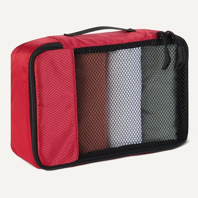 Amazon Essentials 4-Piece Packing Cubes Travel Accessories Set, Luggage Organizer with Double Zipper, Mesh Top, 100% Polyester, Small, Red (Previously Amazon Basics)