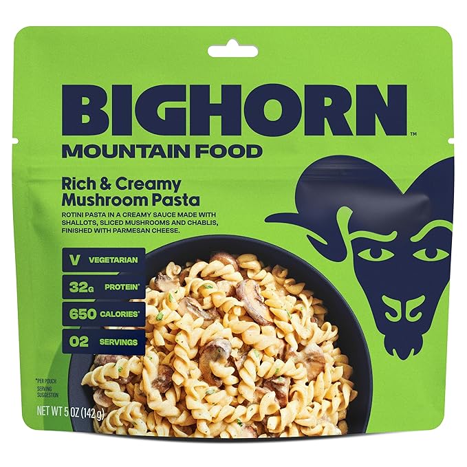 BIGHORN Mountain Food Vegetarian Creamy Mushroom Pasta - contains 4 packs | 8 servings | 128g Protein | 2,600 Calories - premium freeze dried meals for backpacking food - vegetarian backpacking meal - ideal camping meals just add water - great taste