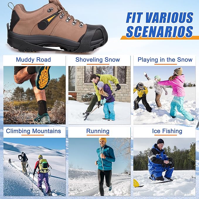 Ice Snow Cleats for Shoes Boots,Walk Traction Cleats Rubber Crampons Anti Slip 10-Stud Winter Ice Cleat Slip-on Stretch Footwear for Women Men Kids