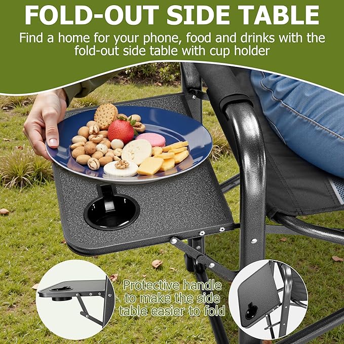 Oversized Camping Chairs,Heavy Duty Support 500 LBS,Directors Chair With Padded Back & Arm Sport Chairs With Cup Holder Cooler Bag, Collapsible Folding Chairs,Beach Chair for Outdoor, Fishing & Garden