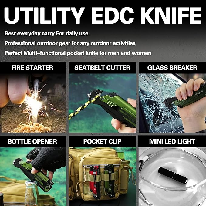 ALBATROSS 7-in-1 Folding Pocket Knife with Glass Breaker, Seatbelt Cutter, Serrated Blade, LED Flashlight, Fire Starter & Bottle Opener - Emergency & Outdoor Tool with Pouch (Green) FK01-GN