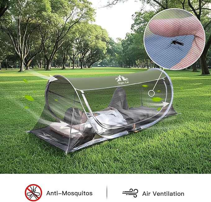 Night Cat Pop-up Mosquito Tent: 1 Person Camping Tent with Bug Screen Net Easy Set-up Tent Fits with Camping Cot (Excluded)