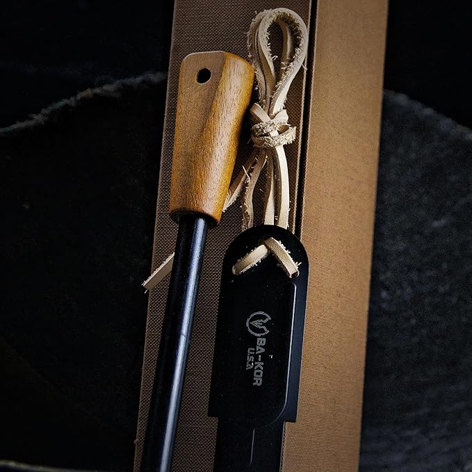 BA-KOR 5.9in Iron Rod Fire Classic Kit - 25,000+ Strike, 5500°F Spark, Waterproof Flint Steel with Wooden Handle and Sheath for Camping, Hiking, and Survival
