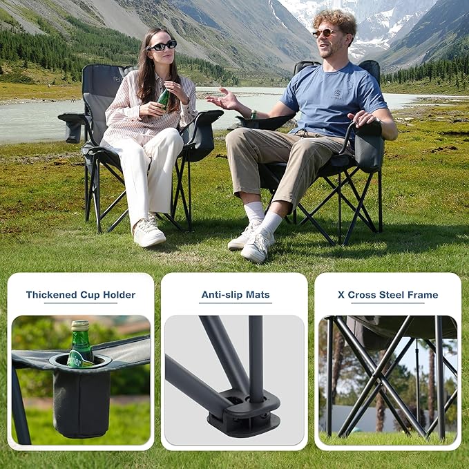 2 Pack Oversized Folding Camping Chair, Heavy Duty Support 500LBS Outdoor Chair with Cup Holder Storage and Cooler Pouch, Collapsible Padded Arm Chair for Sports Garden Beach Fishing, Grey