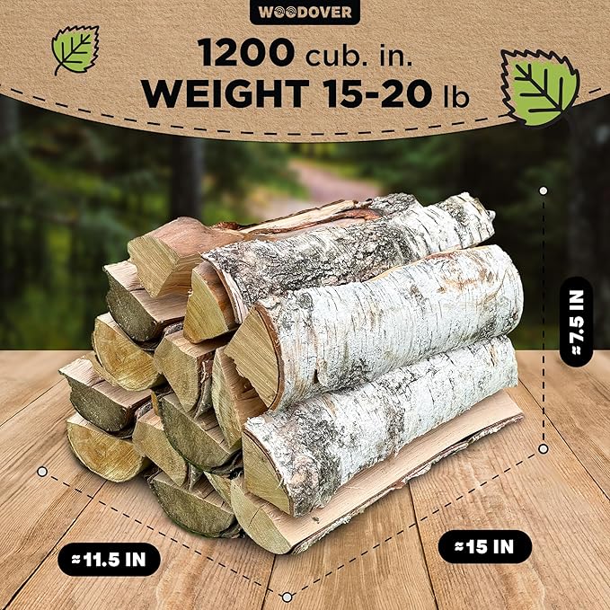15" Birch Firewood Logs with Fire Starters Set – 1200 cub. in, 15–20 lb | Kiln-Dried & Seasoned Hardwood for Fire Pit, Fireplace | Bright Flames & Pleasant Aroma for Cozy Atmosphere