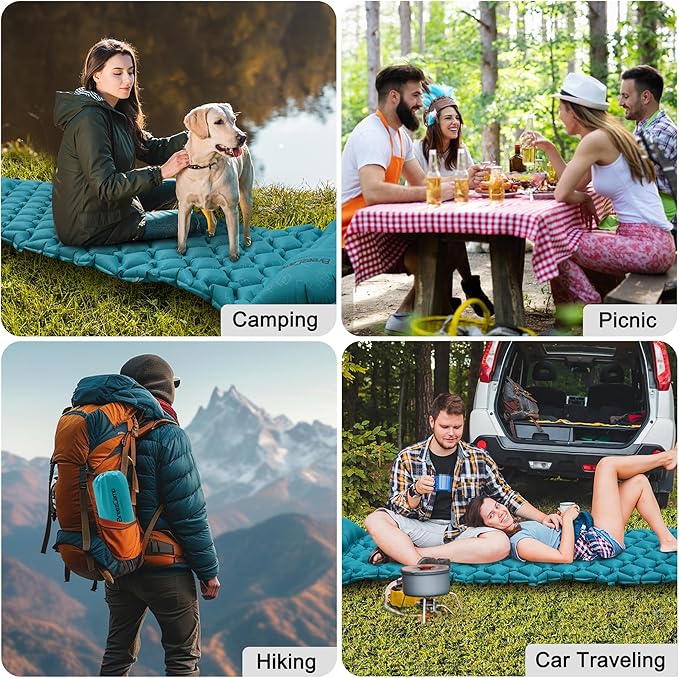 Camping Sleeping Pad, Ultralight Inflatable Mattress with Pillow Built-in Foot Pump for Outdoor Hiking Travel Tent Backpacking Trip Car, Compact Lightweight Camping Mat, Peacock Blue