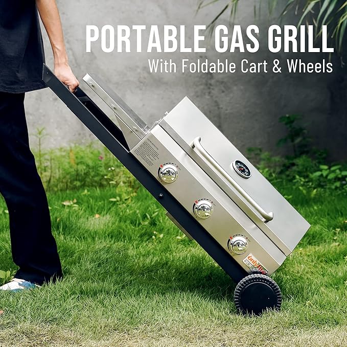 BBQ Gas Grill 3-Burner with Foldable Cart & Side Table, Portable Propane Grill with Lid for Outdoor Patio Backyard Barbecue Camping Tailgating RV Trip, Stainless Steel, GS308