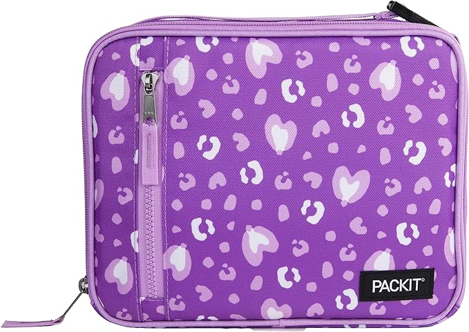 PackIt Freezable Classic Lunch Box, Leopard Hearts Purple, Built with ECOFREEZE Technology, Reusable, Zip Closure With Zip Front Pocket and Buckle Handle, Designed for Fresh Lunch On the Go