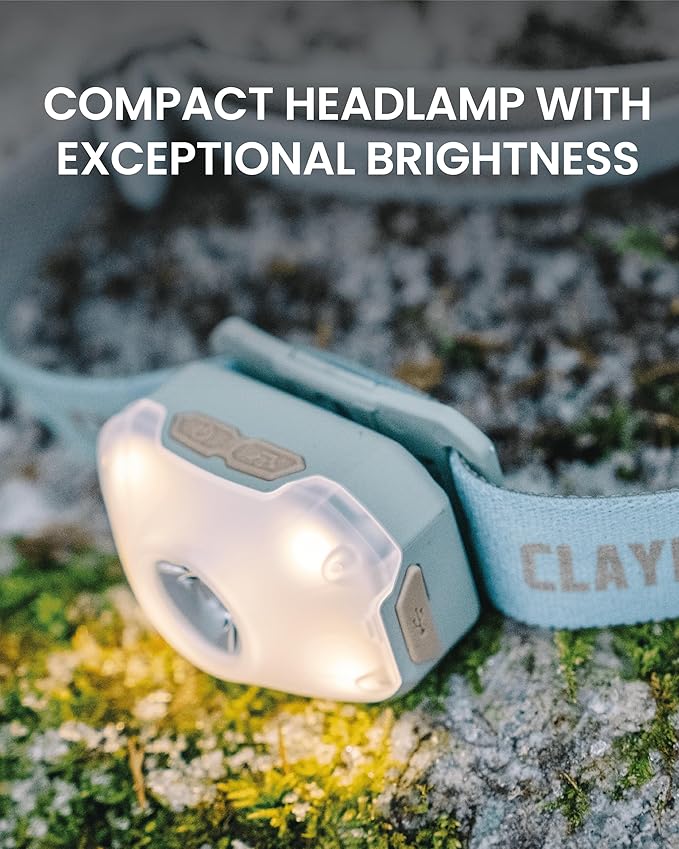 Claymore HEADY2 Mint Gray Rechargeable Wearable Light – 350 Lumens Headlamp 3 Light Modes USB-C Rechargeable IP54 Water-Resistant Up to 40 Hrs Runtime for Camping, Running, Outdoor